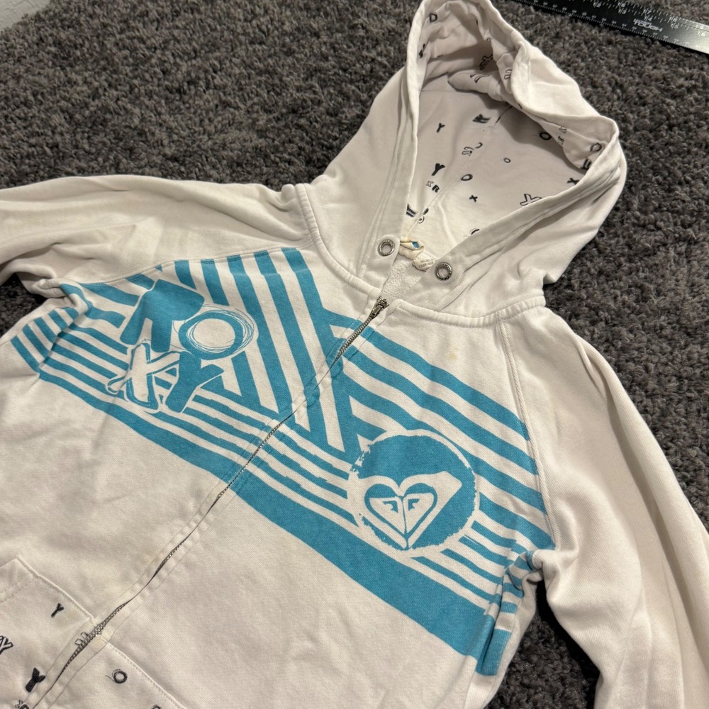 Y2K Roxy Zip Up Hoodie Womens White Teal Graphic Good Surf Skater Size M